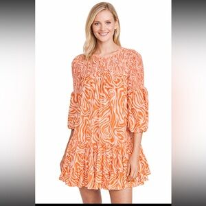 Cinq à Sept Rika Dress Orange Pink Zebra Print Smocked Billowed Sleeve Size 8